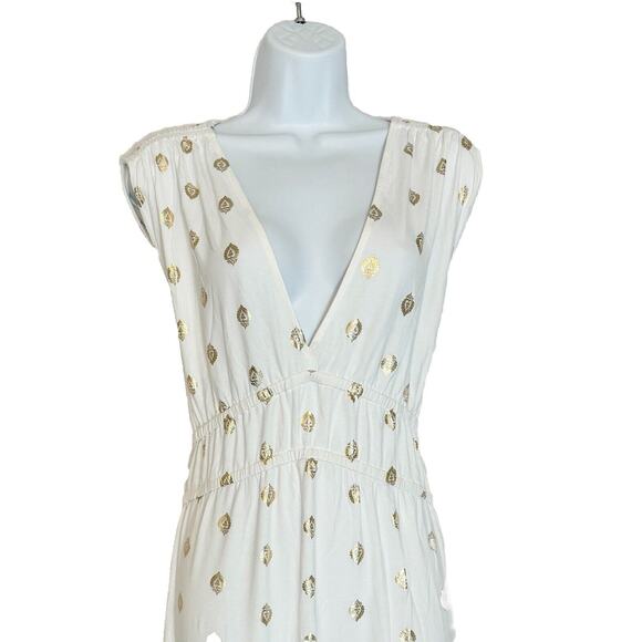 Boden Maxi Dress Size 16/18 White Gold Foil Leaves Ruffle Hem Deep V-Neck NWT - Picture 3 of 11